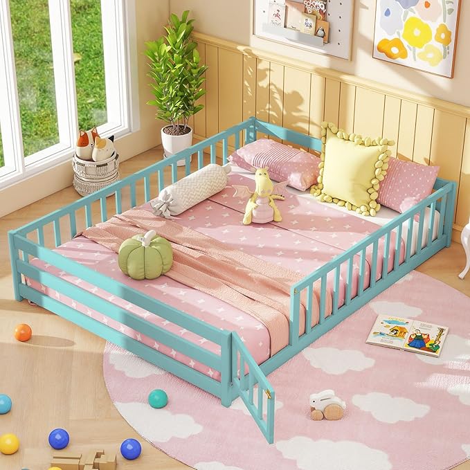 Giantex Full Floor Bed with Door & Fence, Kids Wood Montessori Beds with Safety Guardrails, Floor Bed Twin for Kids, Boys, Girls, No Box Spring Needed, ICY Aqua