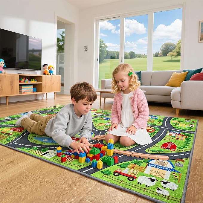 Farmyard Adventure Play Rugs, Educational and Fun Farm Play Mat for Kids, 60"x36" Non-Slip Playmat with Barns, Animals & Crops for Imaginative Play, Nursery, Playroom and Classroom