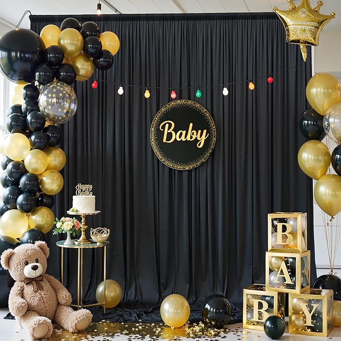 40x12 ft Black Backdrop Curtain, 8 Panels 5x12 ft Long Wrinkle Free Silky Polyester Fabric Wedding Backdrop Drapes Black Photo Back Drop Curtains for Parties Photography Background Cloth