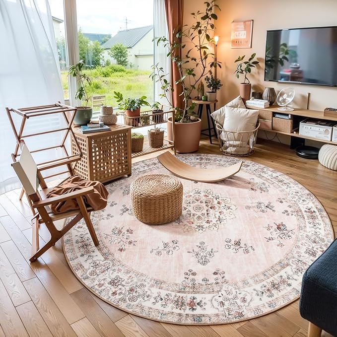 Lahome Washable Pink Round Rug 8ft, Soft Europe Vintage 8x8 Circle Rug for Nursery Girls Bedroom,Non-Slip Floral Pastel Circular Carpet for Dining Room Floor Home Office Decor