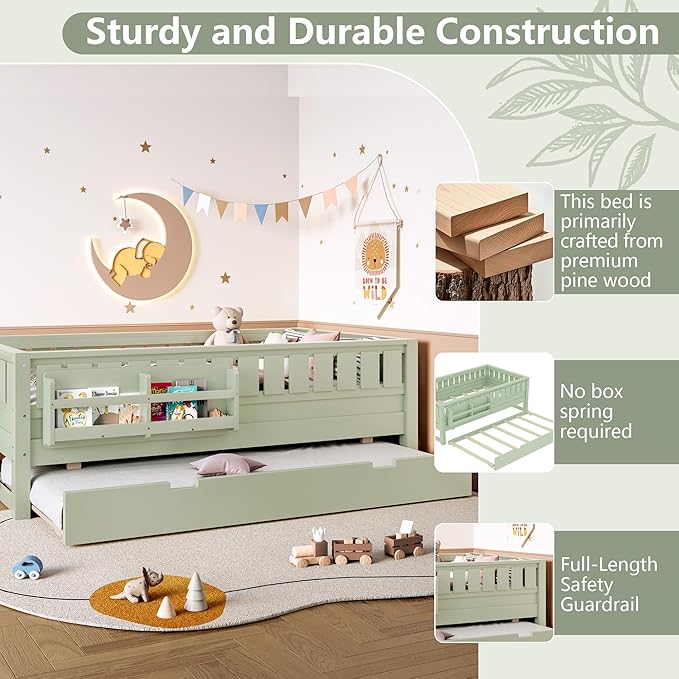 Bellemave Twin Bed with Trundle Twin and Stairs, Twin Size Platform Bed Frame with Fence and Bookshelf, Easy Assemble Beds for Kids, Girls, Boys, Green
