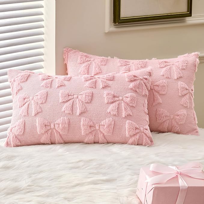 MIULEE Pink Bow Pillow Covers Coquette Room Decor Aesthetic Set of 2 Decorative Cute Girl Christmas Throw Pillow Soft Plush Faux Pillowcase for Girl Bed Couch Sofa,12x20 Inch