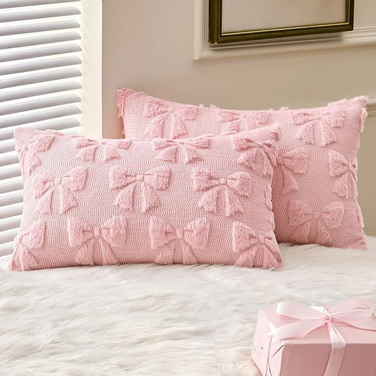 MIULEE Pink Bow Pillow Covers Coquette Room Decor Aesthetic Set of 2 Decorative Cute Girl Christmas Throw Pillow Soft Plush Faux Pillowcase for Girl Bed Couch Sofa,12x20 Inch
