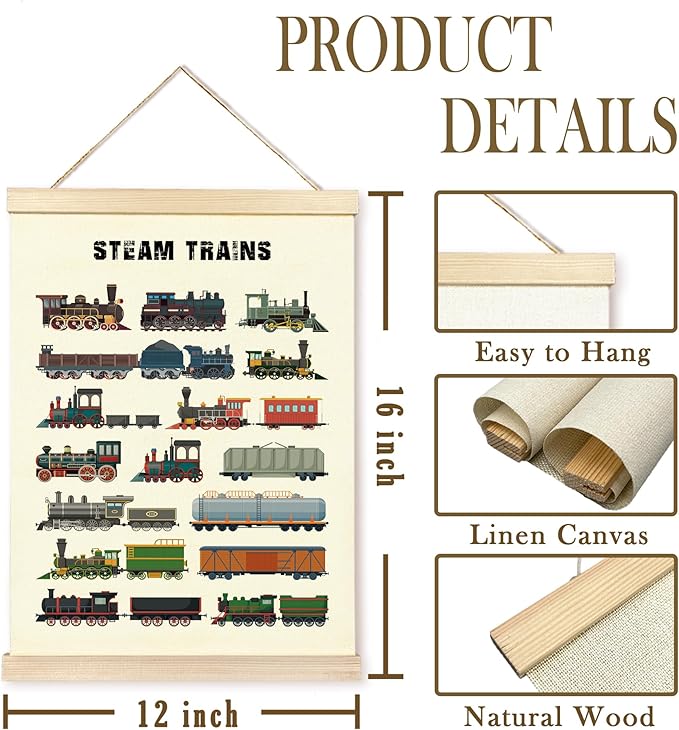 CGBHW Rall Transport and Steam Trains Poster Hanger Frame, Vehicle Construction Learning Educational Posters Wall Art Hanging Decor for Toddler Boy Kids Room Playroom Nursery，12x16Inch Set of 2