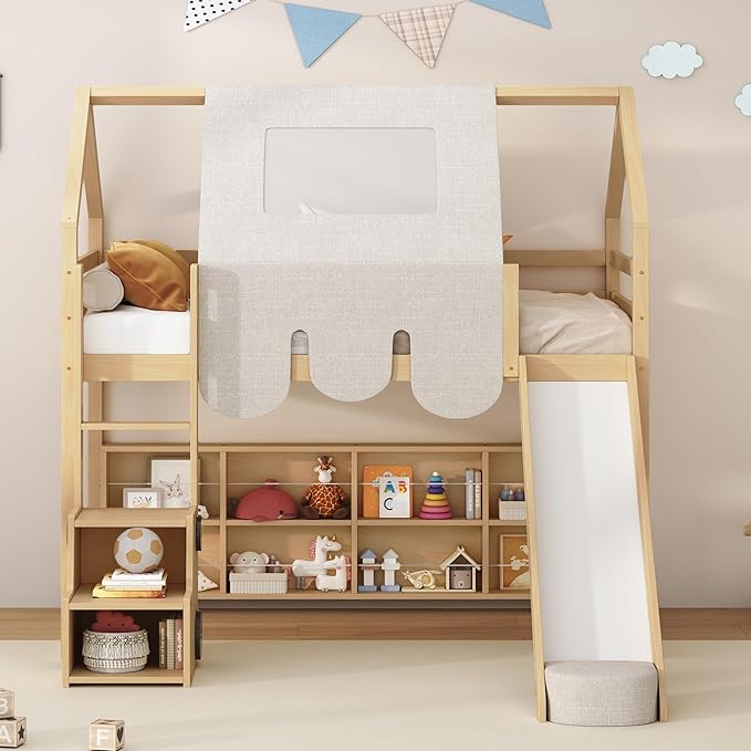 Playhouse Design Twin Size Wood Loft Bed with Slide and Tent, Low Loft House Bed Frame with Storage Shelves and Removable Car-shaped Staircase for Kids Teens Boys Girls Bedroom (Natural+Beige)