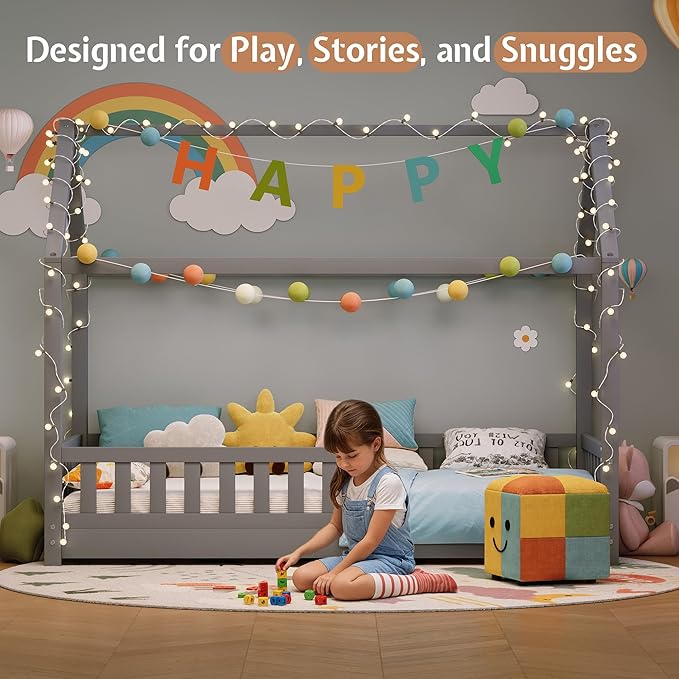 Jocisland Twin Size House Bed for Kids, Montessori Wooden Floor Bed Frame with Guardrails, Removable Rails, Playhouse Roof, Easy Assembly, Toddler Floor Bed for Boys & Girls, Grey