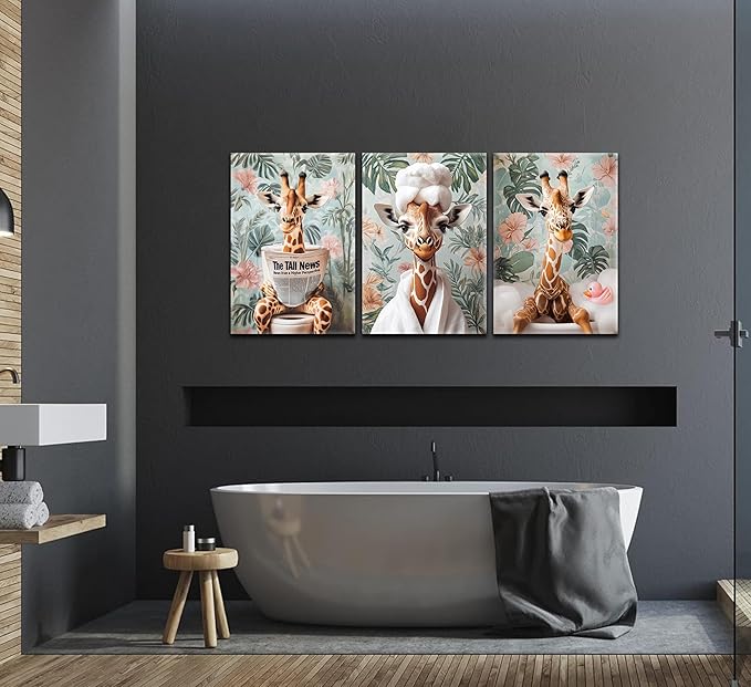 3Pcs Funny Animal Bathroom Canvas Wall Art Giraffe Reading Newspaper on Toilet Painting Picture Wall Decor Eclectic Jungle Giraffe Bathrobe Bathtub Poster Print for Toilet Bathroom Home Decoration