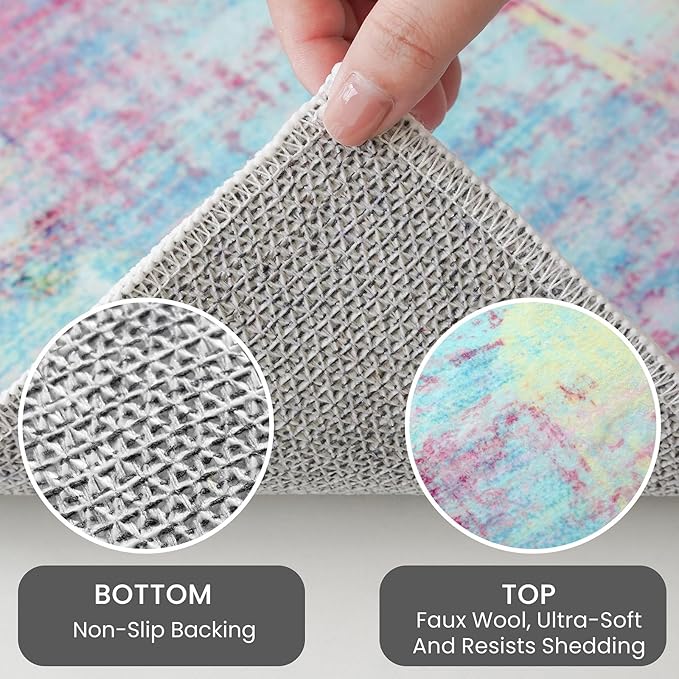 IOHOUZE Abstract Runner Rug 2x12 Ft Washable Runners for Hallways, Non Slip Kitchen Runner Printed Faux Wool Entryway Runner Indoor, Modern Abstract Floor Carpet for Hall Kitchen, Pink Teal