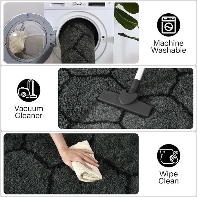 Meralax Hexagon Grey Rugs for Living Room Bedroom, 5x8 Soft Area Rug Fluffy Shaggy Bedside Rug, Machine Washable Indoor Gray Floor Carpet for Kids, Dorms, Nursery Rooms, Home Decor Aesthetic