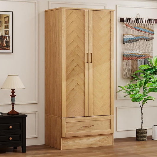 Solid Wood Armoire:Wardrobe Closet with Drawers and Hanging Rod,Storage Cabinet Clothes Organizer for Bedroom Original Wood Color