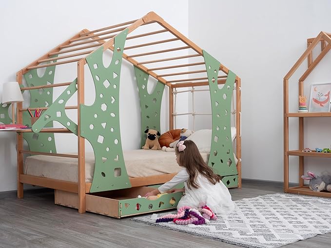 BUSY WOOD Monkey Bed – Twin Frame with Storage & Desk – Montessori Indoor Playground – Jungle Gym Furniture for Kids – Toddler Sleeping Frame with Drawers & Removable Table