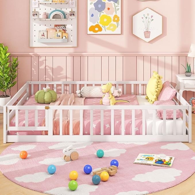Giantex Full Floor Bed with Door & Fence, Kids Wood Montessori Beds with Safety Guardrails, Floor Bed Twin for Kids, Boys, Girls, No Box Spring Needed, White