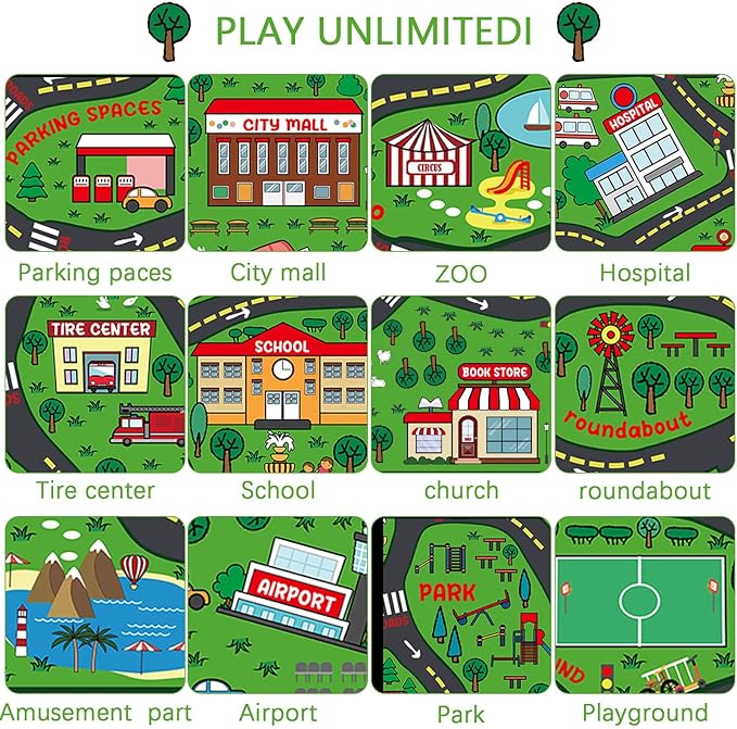 Tinideya Kids Carpet Playmat Rug Player Car Rug, 4 x 6 ft Traffic Map Mat Educational Game Area for Toddler Children Playroom Classroom Bedroom (City, Green)