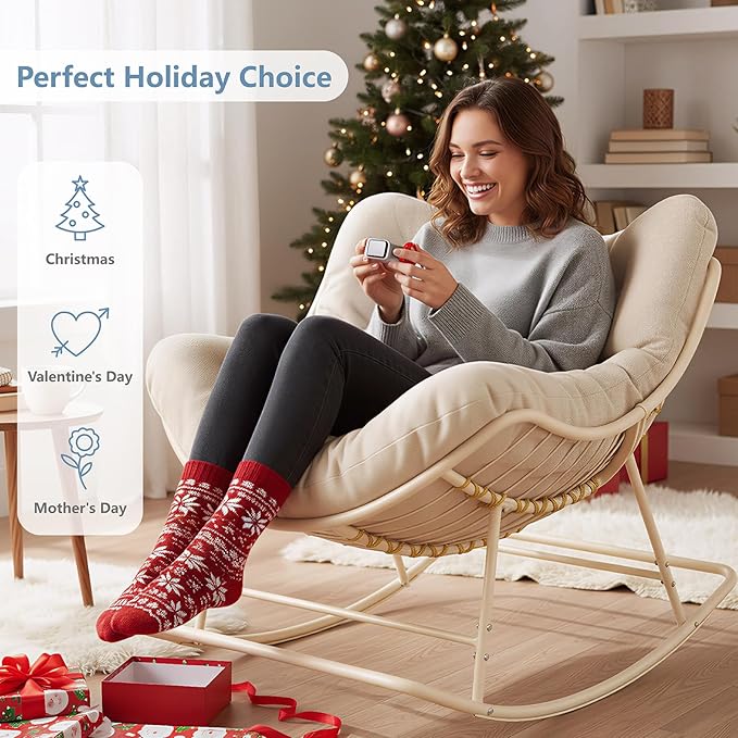 SWITTE Outdoor Papasan Rocking Chair, Oversized Egg Lounge Chair with Thick Cushion, Supports 450 lbs, Comfy Rocker for Patio, Balcony, Porch, or Indoor Living Room-Cream