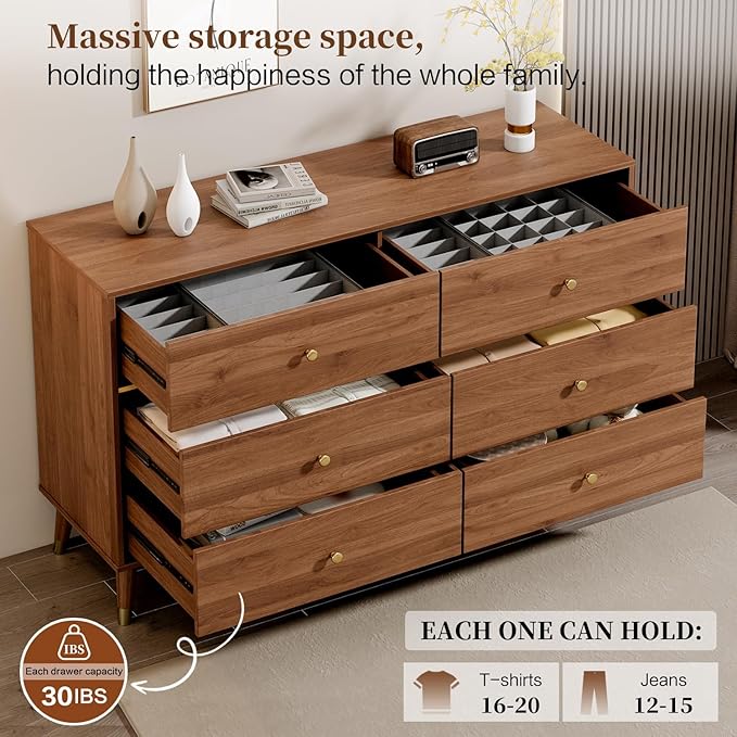 6 Drawer Dresser,47" Wide Mid Century Chest of Drawers,Wooden Bedroom Drawer Dresser with 6 Storage Drawers for Bedroom,Living Room,with Anti-Tipping Device,Dark Walnut