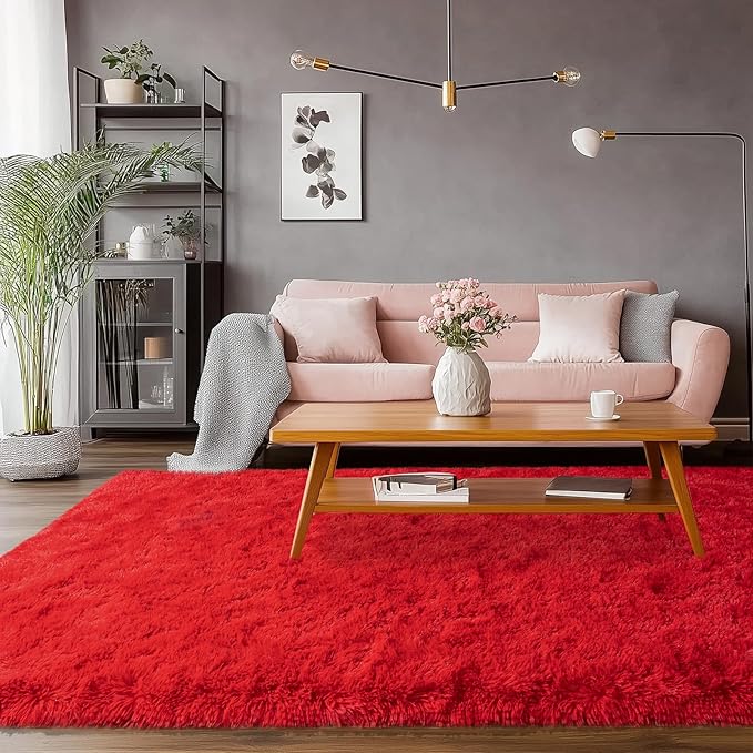Large Shag Rugs 6 x 9, Red Fluffy Area Rug for Living Room, Soft Fuzzy Plush Carpet for Bedroom Girls Kids Room, Indoor Shaggy Rug for Home Decor Aesthetic, Upgrade Non-Slip