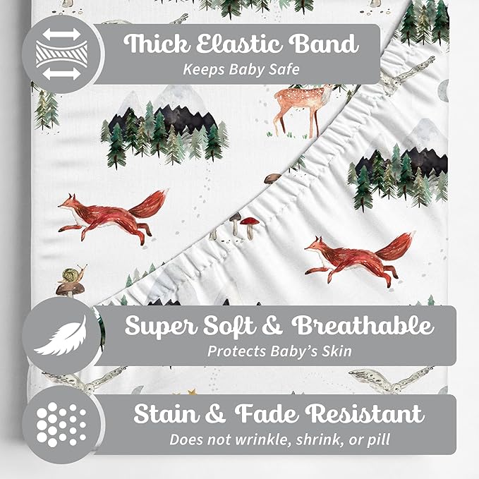 Pack and Play Sheets Fitted, Mini Crib Sheets for Graco Pack N Play Playard (38x26), Ultra Soft Organic Cotton Blend, Safe & Snug Playpen Mattress Sheet for Baby Boys & Girls – Starry Woodland, 2-Pack