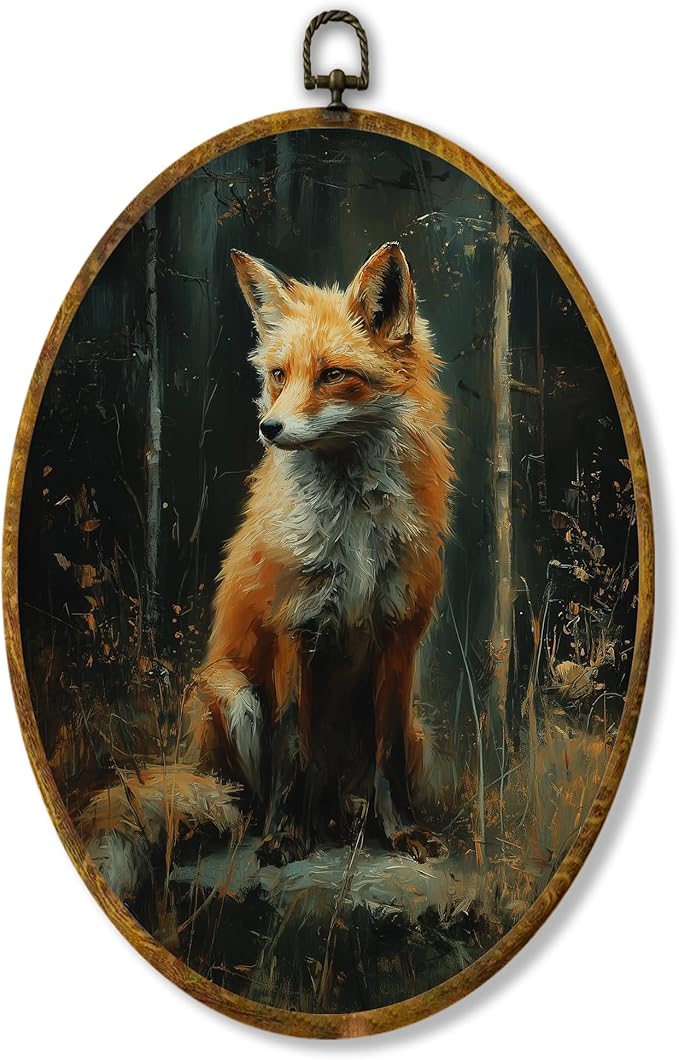 Hiuwevt Vintage Forest Fox Round Wall Art Decor, Dark Academia Fox Framed Canvas Prints, Cottagecore Wild Animal Round Wall Hanging Decor for Home Bedroom Living Room Decorations, 8.6x11.4 Inches