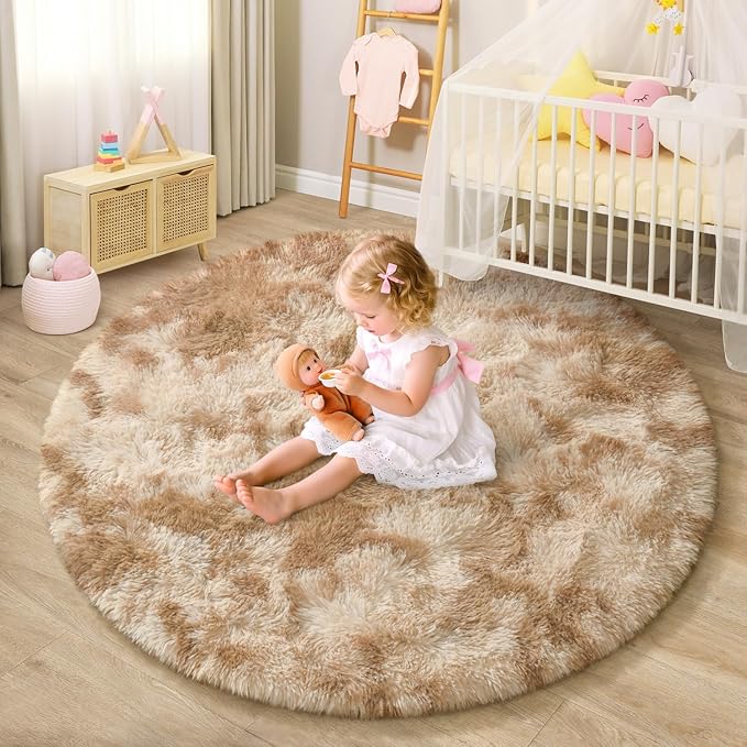 EVOIONOS Tie-Dyed Camel Round Rug for Bedroom, 4x4 Ft Fluffy Soft Circle Area Rugs for Living Room, Plush Shaggy Circular Carpet for Indoor Floor Bedside Kids Nursery, Home Decor Aesthetic