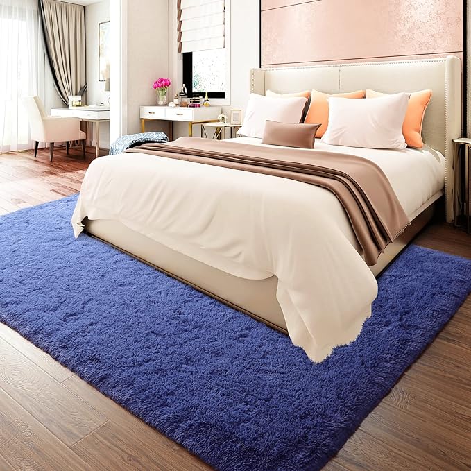 Merelax Soft Modern Indoor Large Shaggy Rug for Bedroom Livingroom Dorm Kids Room Home Decorative, Non-Slip Plush Fluffy Furry Fur Area Rugs Comfy Nursery Accent Floor Carpet 5x8 Feet, Light Navy
