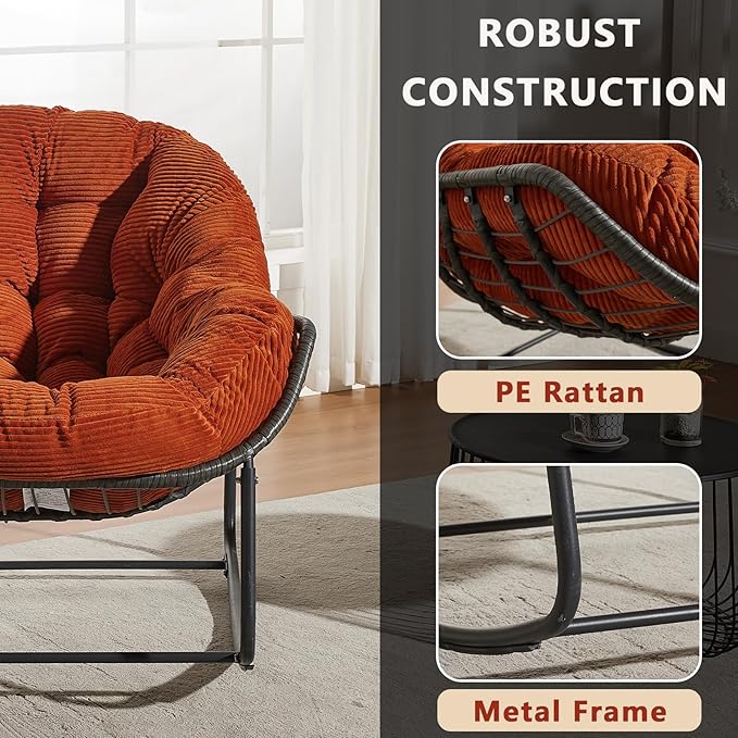 Oversized Outdoor Papasan Rocking Chair Set of 2 with Soft Cushion, Comfy Patio Egg Chair, Wicker Lounge Rocker for Balcony/Porch/Garden, Reinforced All Weather Rattan Frame, Burnt Orange