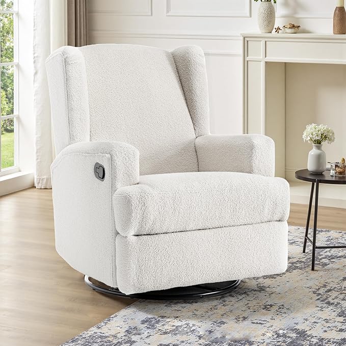 UIXE Swivel Glider Recliner Chairs Set of 2, Boucle High Back Accent Chair Nursery Rocker for Living Room, Upholstered Manual Reclining Sofa Seating with Deep Seat - Beige