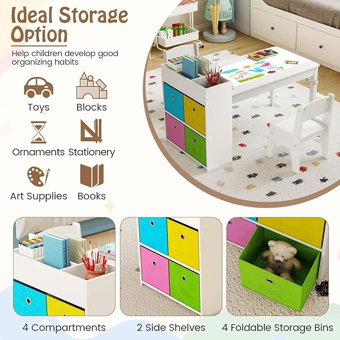 Costzon Kids Table and Chairs, 3 in 1 Wooden Art Drawing Desk Set w/ 4 Fabric Bins, Multiple Open Storage Compartments & a Paper Roll, Toddler Table and Chair Set for Children Playroom(White)