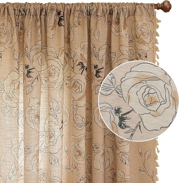 OYX Boho Floral Semi-Blackout Curtains for Bedroom, 2 Panels 52x96 Inches, Grey Rose Vintage Country Pattern with Tassels, Rod Pocket Design, Farmhouse Window Treatments