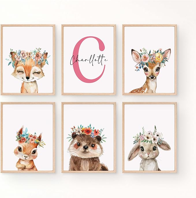 Personalized Flower Woodland Animals for Baby Girl Nursery Bedroom Unframed Poster Prints, Customized Name Cute Animals Wall Art Decor New Baby Girl Gift Present Bear Deer Bunny (16x20, 6 Prints)