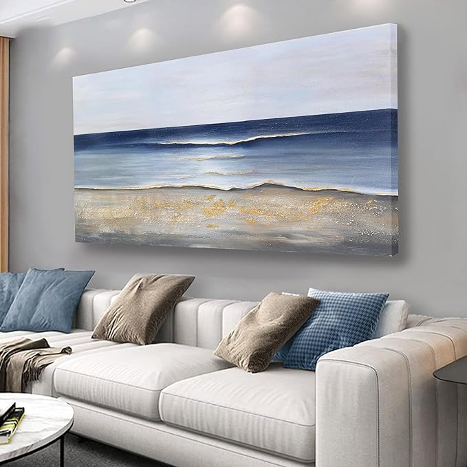 Yuaxker Ocean Wall Art Blue and Gold Modern Minimalist Wall Decor Sea Wave and Beaches Canvas Painting for Living Room Bedroom Dinning Room Home Office Home Decor 24x48 inch
