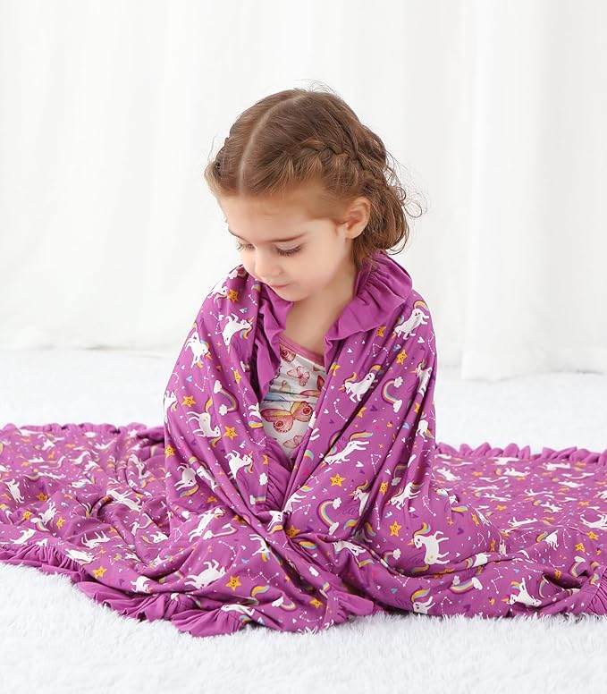 Premium Baby Blankets, Soft Viscose from Bamboo Blanket for Girls, Nursery Crib Bedding Quilt for Newborn and Toddler, Ruffle Blanket Cooling for Hot Sleepers 50''x50'' Purple Unicorn