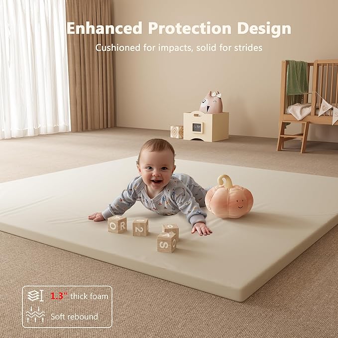 Padded Baby Play Mat, 1.3 Inch Thicken Foam Cushioned & 50 x 50 Waterproof Playpen Mat for Infants and Toddlers, Stylish and Just Wipe-Clean Playmat for Baby Play on Floor, Beige
