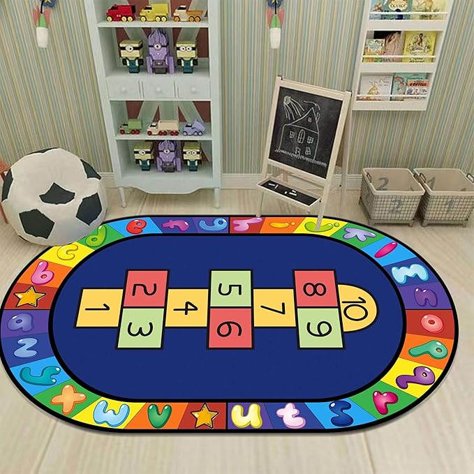 Hopscotch Rug, 3x4ft, Kids Play Oval Rug for Boys & Girls, Colorful Alphabets Educational Game Carpet, Soft Non-Slip Machine Washable Rug for Classroom Toddler Room