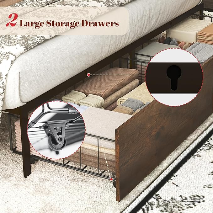 King Bed Frame with Headboard, LED Bed Frmaes with Bookcase Storage and Charging Station, Metal Platform Bed with 2 Storage Drawers, No Box Spring Needed, Brown