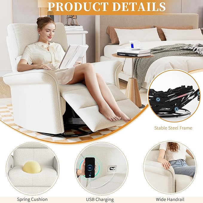 Power Swivel Rocker Recliner Chair for Nursery, Upholstered Snowflake Velvet 270°Swivel Glider Rocker Chair with USB Ports, Small Power Recliners for Small Spaces Living Room