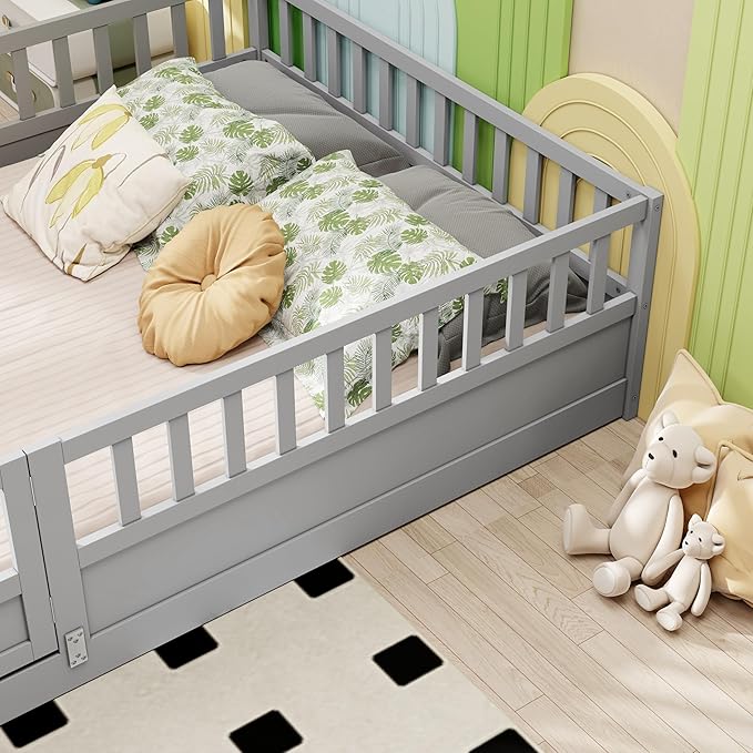 GDFStudio Full Size Floor Bed Frame with Door & Guardrails, Toddler Full Bed Frame for Boys Girls, Low to Floor Wooden Bed Rails for Toddlers, Montessori Floor Bed for Baby, No Support Slat, Grey