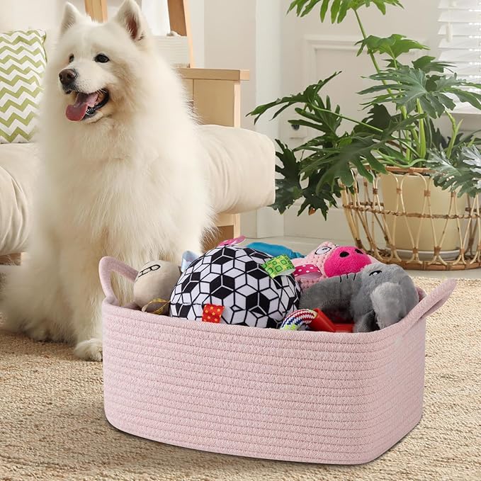 OIAHOMY Woven Basket, Gift Basket Empty with Gift Bags and Ribbons, Rope Baskets for Baby Showers, Storage Baskets with Handles for Nursery, Pet Toy Organizer - Mixed Pink