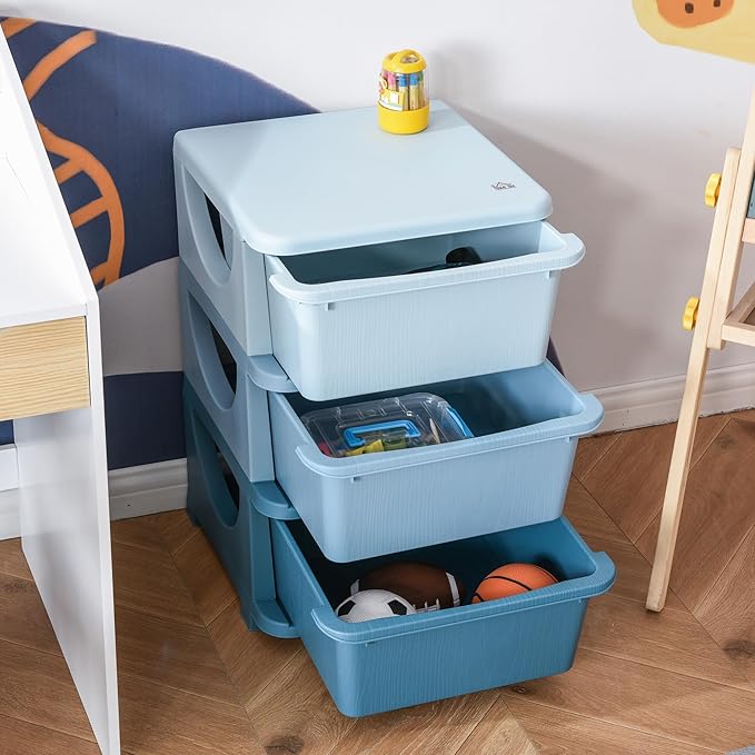 Qaba 3 Tier Kids Storage Unit, 3 Drawer Chest Toy Organizer Plastic Bins for Kids Bedroom Nursery Kindergarten Living Room for Boys Girls Toddlers, Blue