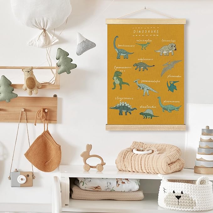 BCUANGD Dinosaur Dino Wall Decor - Yellow Baby Toddler Boys Room Wall Art Poster Hanger with Wood Frames, Inspirational Wall Hanging Canvas Decor for Kids Room Nursery Bedroom, 12x16 Inches