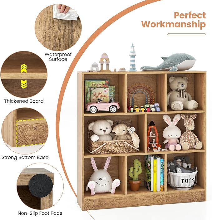 Costzon 8-Cube Bookshelf for Kids, Wooden Toy Storage Organizer w/ 2 Anti-Toppling Kits, 3 Tier Open Shelves & Non-Slip Foot Pads, Montessori Toy Shelf for Kids Rooms, Playroom, Classroom, Nursery