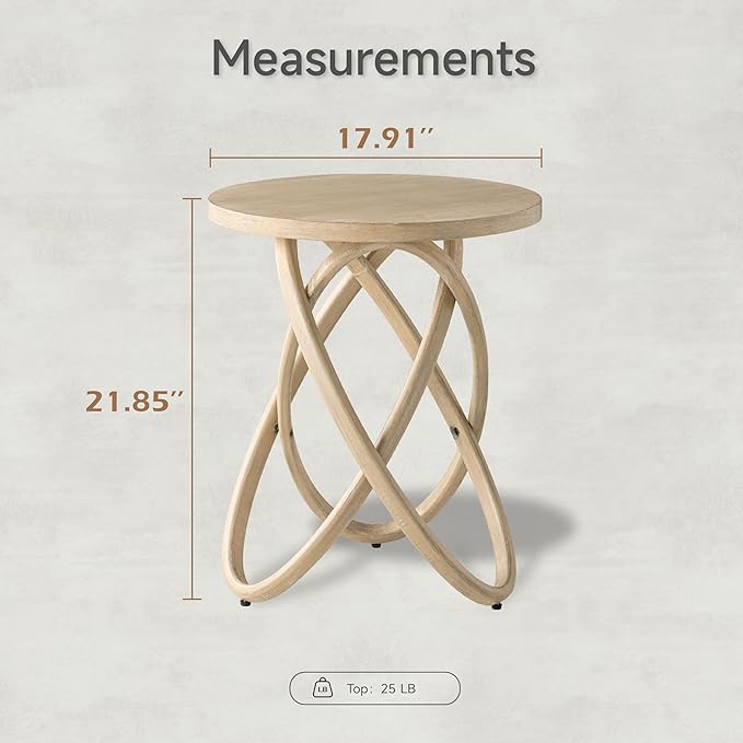 Round End Table Farmhouse Wood Side Table Rustic Plant Stand with Intertwined Line Design for Living Room, Office, Light Wood Color