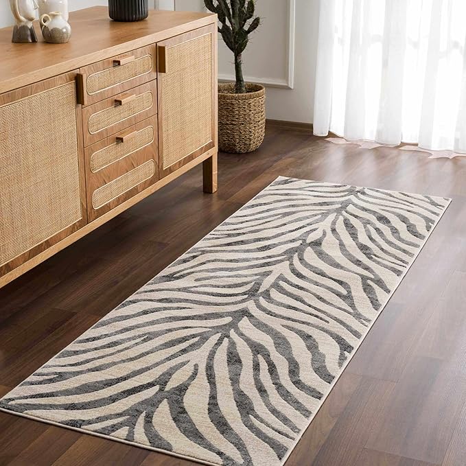 Hauteloom Ecorse Animal Zebra Print Area Rug for Living Room Bedroom Dining Room - Distressed Faded Style - Cream, Black, White, Beige, Gray - 6'7" x 9" (6x9)