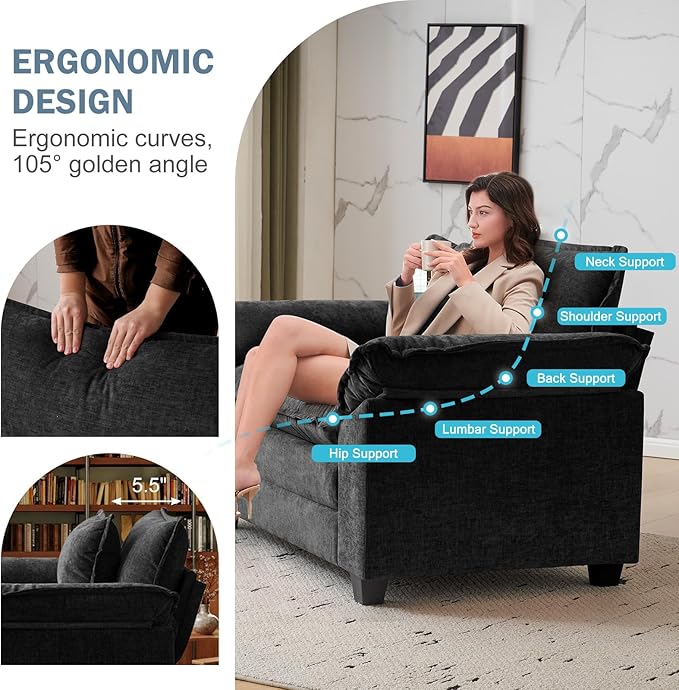 CDCASA Oversized Accent Chair, Chenille Comfy Cloud Sofa Chair with Large Seat and Upholstered Armrests, Modern Extra Wide Armchair Reading Chairs for Bedroom, Living Room,Black