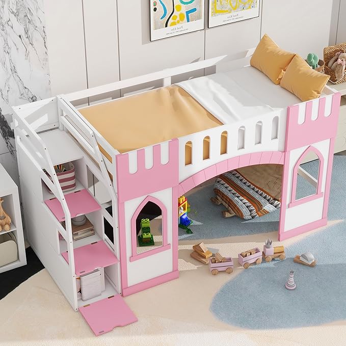 Playhouse Design Twin Size Loft Bed with Storage Staircase and Windows, Solid Wood Loft Bed Frame with Safety Guardrail for Kids Teens Boys Girls, Space-Saving (Pink-3)