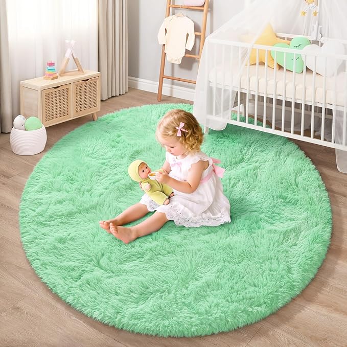 EVOIONOS Sage Green Round Rug for Bedroom, 4x4 Ft Fluffy Soft Circle Area Rugs for Living Room, Plush Shaggy Circular Carpet Indoor Floor Bedside Kids Nursery, Machine-Washable Home Decor Aesthetic
