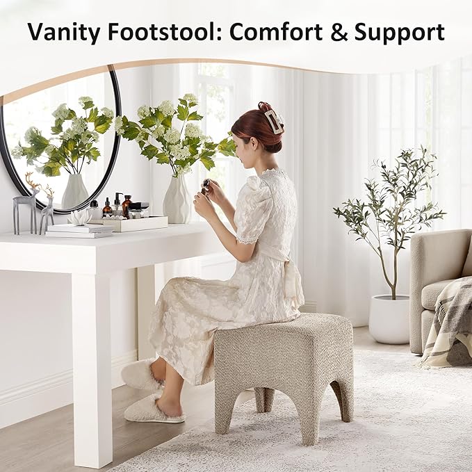 17" Boucle Modern Square Foot Stool Ottoman, Vanity Stool for Makeup, Rectangle Foot Rest for Couch, Upholstered Ottoman Stool for Living Room, Bedroom, Entryway (2, Camel)