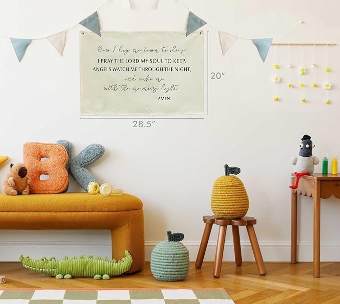 Rectangular Nursery Wall Banner Decor-Hanging Flag Poster Wall Art for Bedroom Decoration, Baby Growth Stuff-Baby Shower Birthday Christmas Gift for Baby Boys Girls Kids-Now I Lay Me Down to Sleep