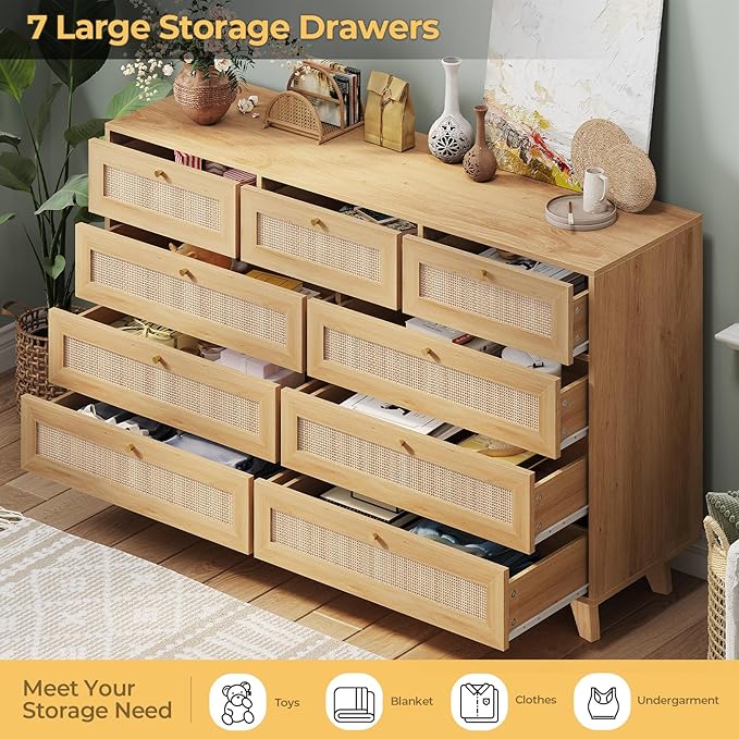 AOGLLATI Rattan Dresser for Bedroom with 9 Drawer, Modern Wooden Long Bedroom Dresser, Chest of Drawers with Metal Handle & Solid Wood Legs for Bedroom/Living Room, Wood