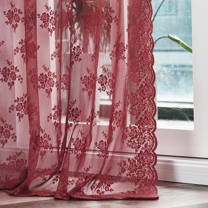 Kotile Maroon Lace Curtains 72 Inch Length 2 Panels Cottagecore Maroon Sheer Curtains for Door Window, Rod Pocket Privacy Light Filtering Sheer Window Curtains for Bedroom, 42 x 72 Inch