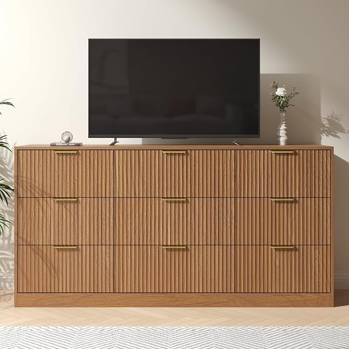 Fluted Dresser for Bedroom with 9 Drawer, 63” Wide Wooden Dresser Mid Century Chest of Drawers with Handle, Dressers TV Stand Storage Organizer for Bedroom, Living Room, Natural Wood
